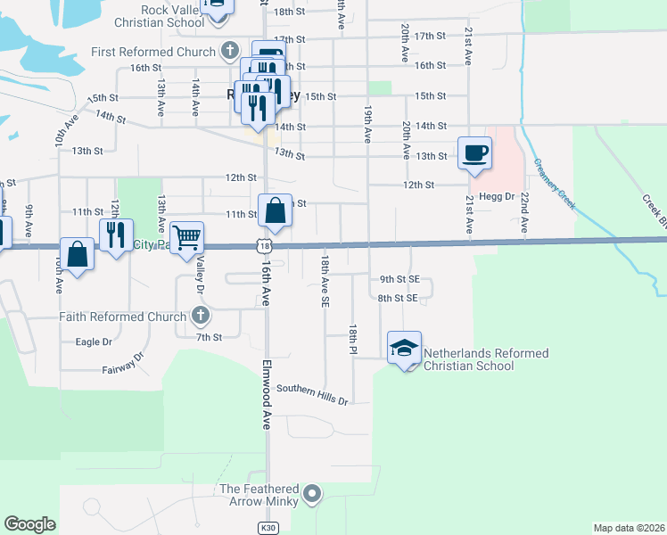 map of restaurants, bars, coffee shops, grocery stores, and more near 827 18th Place in Rock Valley