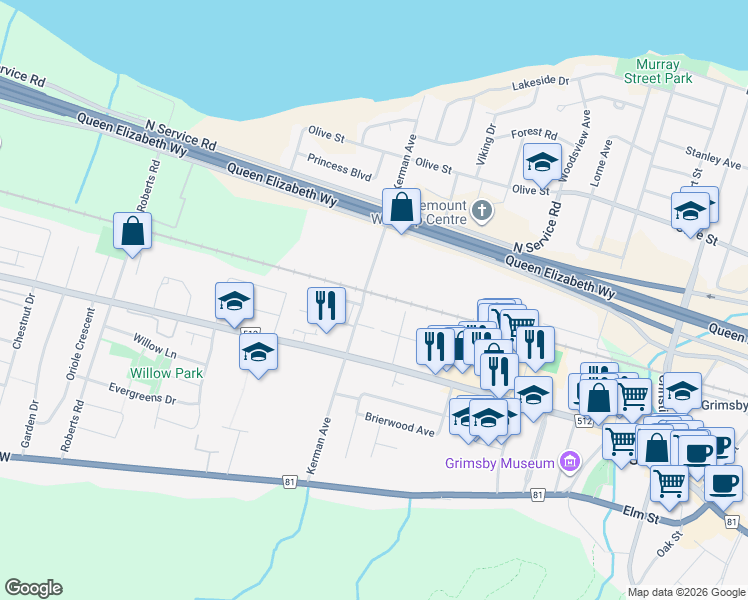 map of restaurants, bars, coffee shops, grocery stores, and more near 108 Kerman Avenue in Grimsby