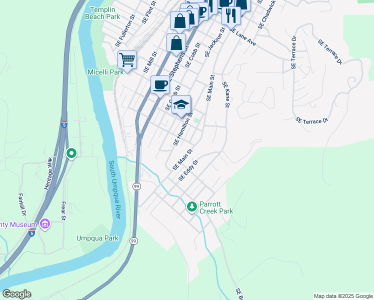 map of restaurants, bars, coffee shops, grocery stores, and more near 1632 Southeast Main Street in Roseburg