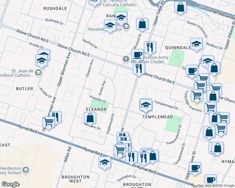 map of restaurants, bars, coffee shops, grocery stores, and more near 323 Eaglewood Drive in Hamilton
