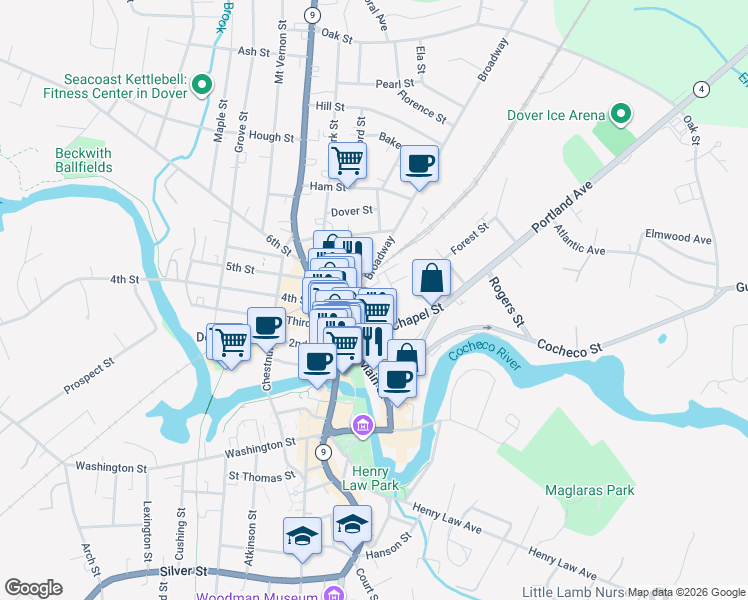 map of restaurants, bars, coffee shops, grocery stores, and more near 7 Saint John Street in Dover