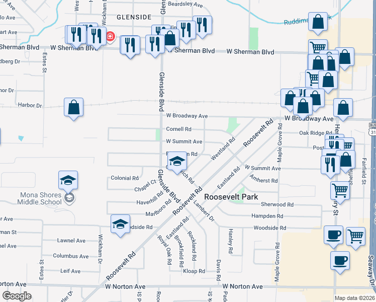 map of restaurants, bars, coffee shops, grocery stores, and more near 1294 West Summit Avenue in Muskegon