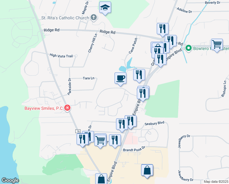 map of restaurants, bars, coffee shops, grocery stores, and more near 14 Webster Manor Drive in Webster