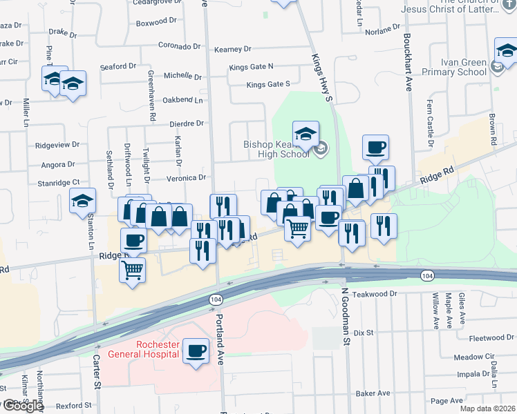 map of restaurants, bars, coffee shops, grocery stores, and more near 164 Ridge Port Drive in Rochester