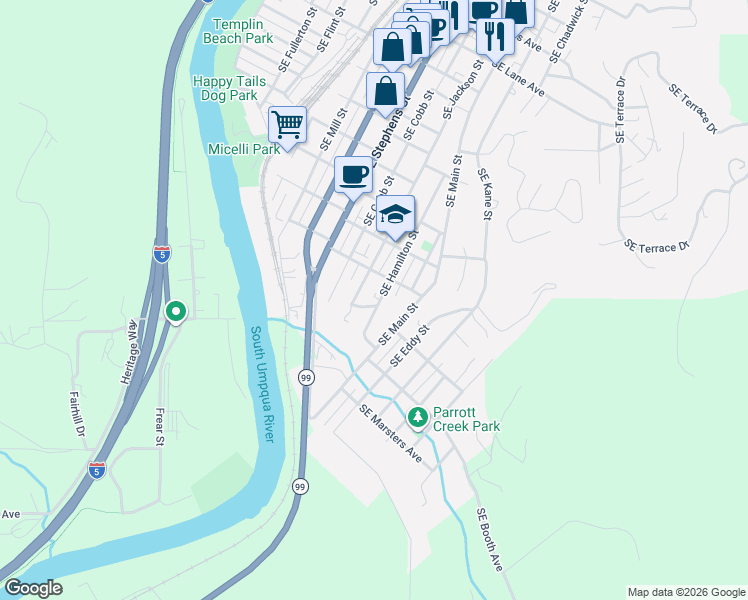 map of restaurants, bars, coffee shops, grocery stores, and more near 1604 Southeast Hamilton Street in Roseburg