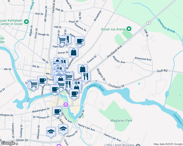 map of restaurants, bars, coffee shops, grocery stores, and more near 2 Essex Street in Dover