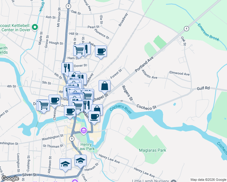 map of restaurants, bars, coffee shops, grocery stores, and more near 2 Essex Street in Dover