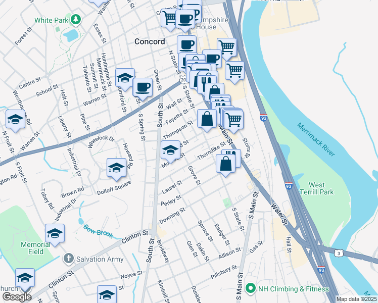 map of restaurants, bars, coffee shops, grocery stores, and more near 33 Concord Street in Concord