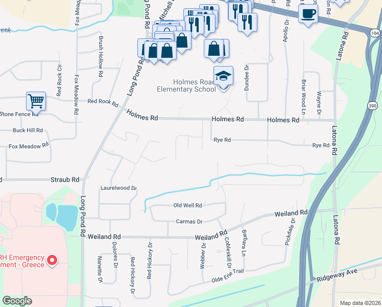 map of restaurants, bars, coffee shops, grocery stores, and more near 14 Silver Ridge Drive in Rochester