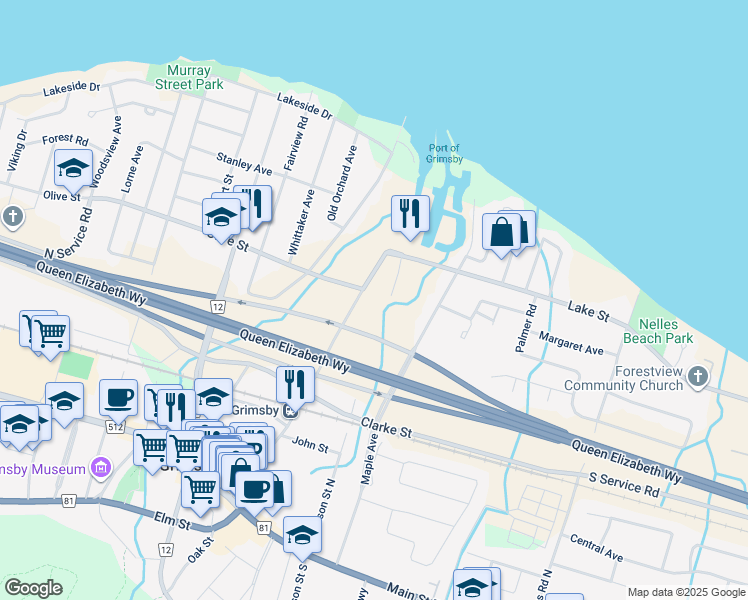 map of restaurants, bars, coffee shops, grocery stores, and more near 404 Ontario Street in Grimsby