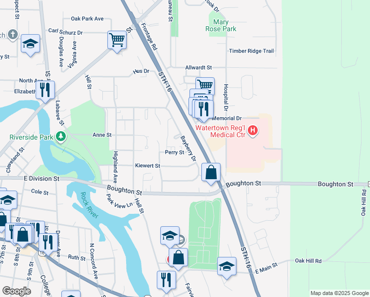 map of restaurants, bars, coffee shops, grocery stores, and more near 1113 Bayberry Drive in Watertown