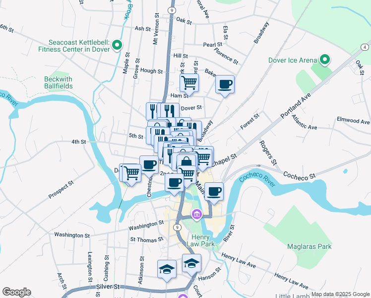 map of restaurants, bars, coffee shops, grocery stores, and more near 19 Pierce Street in Dover