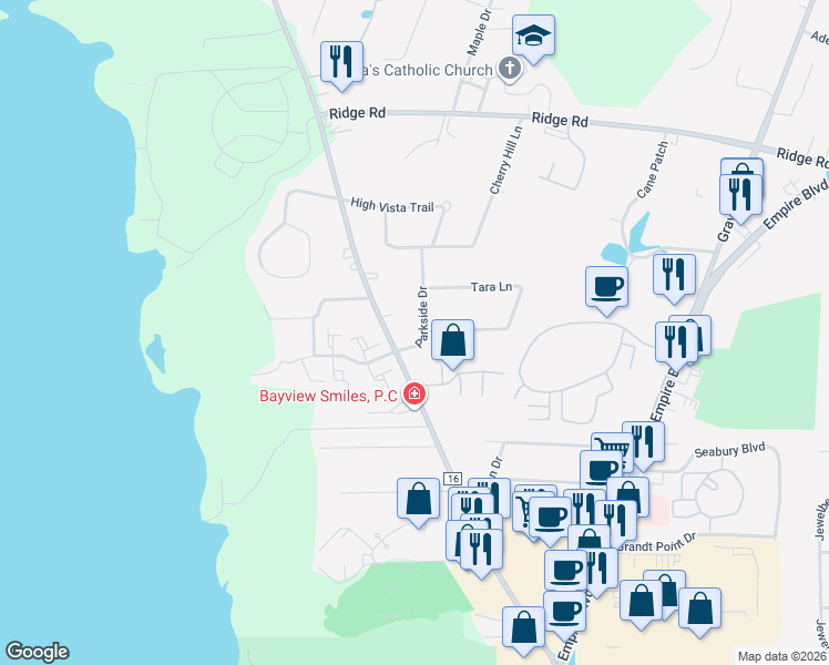 map of restaurants, bars, coffee shops, grocery stores, and more near 1107 Parkside Drive in Webster