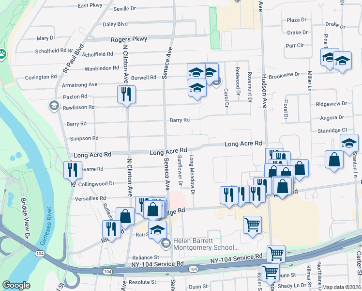 map of restaurants, bars, coffee shops, grocery stores, and more near 335 Simpson Road in Rochester