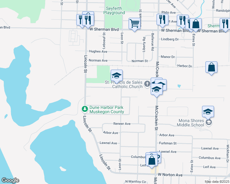 map of restaurants, bars, coffee shops, grocery stores, and more near 2951 Leon Street in Norton Shores
