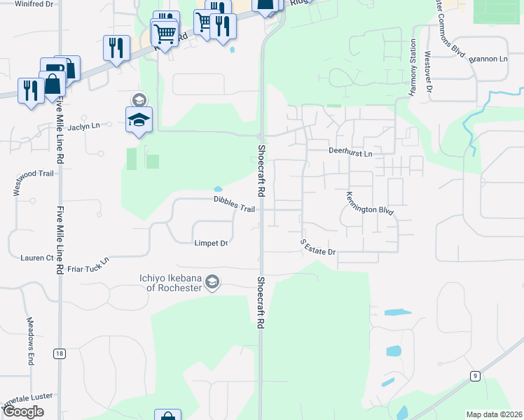 map of restaurants, bars, coffee shops, grocery stores, and more near Shoecraft Road & Summit Knolls Drive in Webster