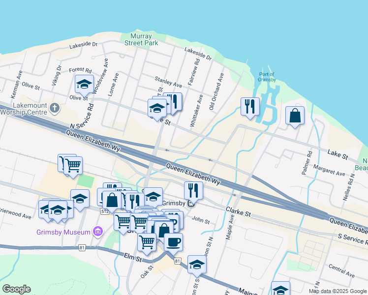 map of restaurants, bars, coffee shops, grocery stores, and more near 383 Elizabeth St in Grimsby