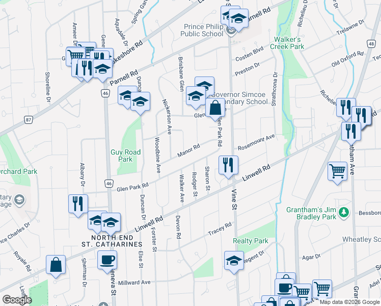 map of restaurants, bars, coffee shops, grocery stores, and more near 24 Manor Road in St. Catharines