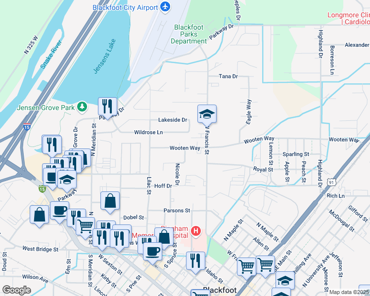 map of restaurants, bars, coffee shops, grocery stores, and more near 500 Pearl Drive in Blackfoot