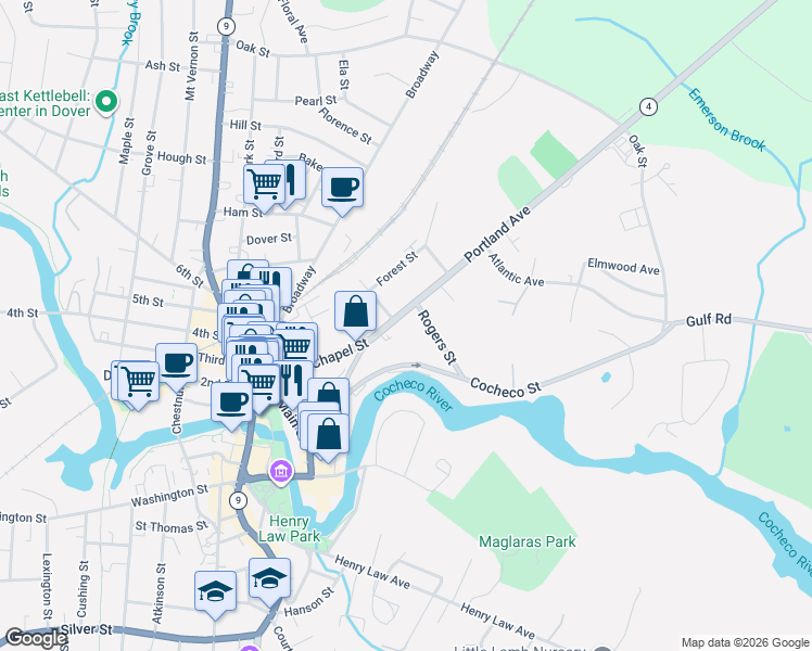 map of restaurants, bars, coffee shops, grocery stores, and more near 35 Rogers Street in Dover