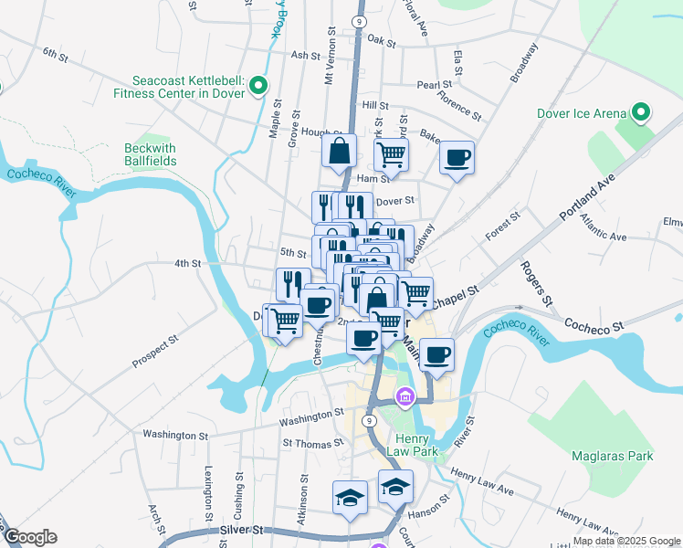 map of restaurants, bars, coffee shops, grocery stores, and more near 9 5th Street in Dover
