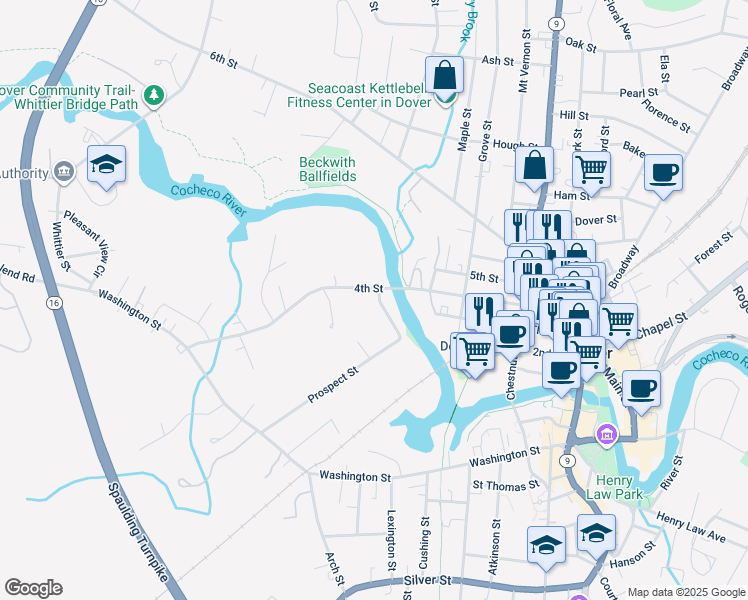 map of restaurants, bars, coffee shops, grocery stores, and more near 70 4th Street in Dover