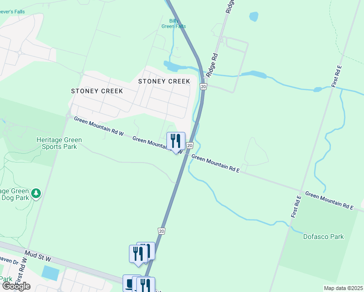 map of restaurants, bars, coffee shops, grocery stores, and more near 22 Green Mountain Road West in Hamilton