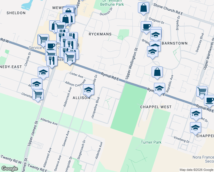map of restaurants, bars, coffee shops, grocery stores, and more near 69 Jacqueline Boulevard in Hamilton