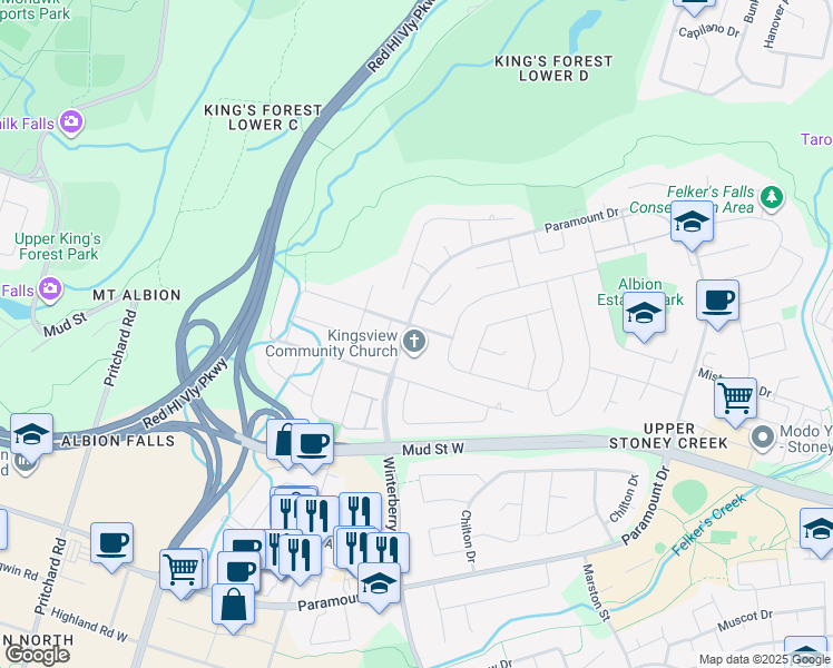 map of restaurants, bars, coffee shops, grocery stores, and more near 11 Kingsview Drive in Hamilton