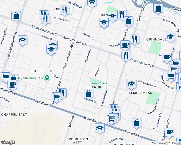 map of restaurants, bars, coffee shops, grocery stores, and more near 119 Dulgaren Street in Hamilton