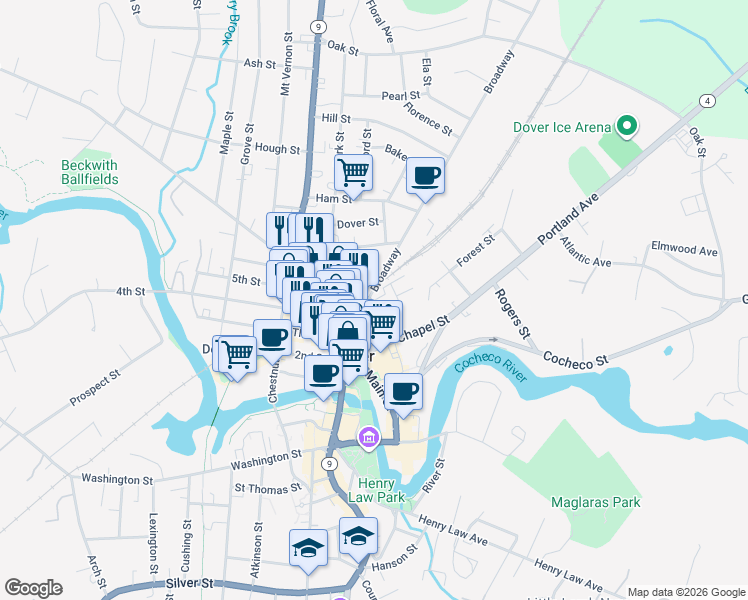 map of restaurants, bars, coffee shops, grocery stores, and more near 19 Pierce Street in Dover