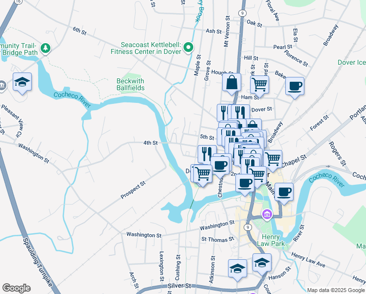 map of restaurants, bars, coffee shops, grocery stores, and more near 63 4th Street in Dover