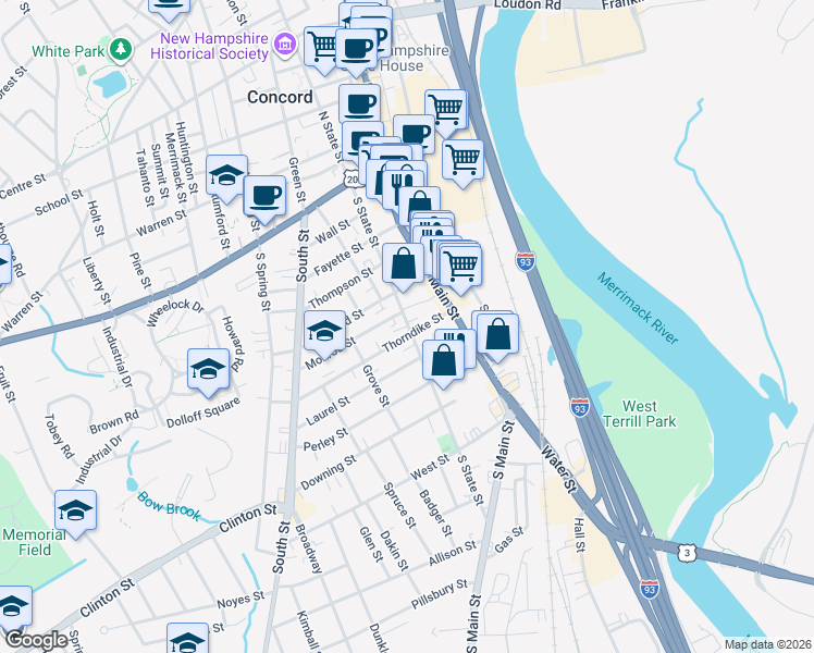 map of restaurants, bars, coffee shops, grocery stores, and more near 55-55.5 South State Street in Concord
