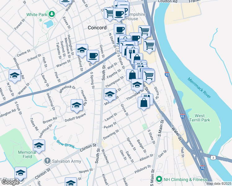 map of restaurants, bars, coffee shops, grocery stores, and more near 33 Concord Street in Concord