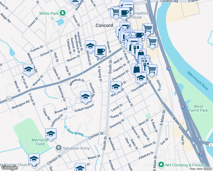 map of restaurants, bars, coffee shops, grocery stores, and more near 45 Thompson Street in Concord