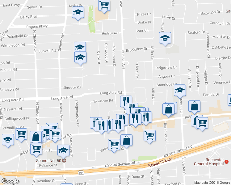 map of restaurants, bars, coffee shops, grocery stores, and more near 600 Long Acre Rd in Rochester