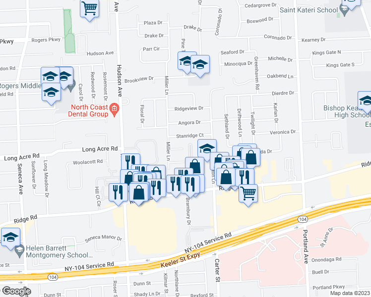 map of restaurants, bars, coffee shops, grocery stores, and more near 105 Kalyna Drive in Rochester