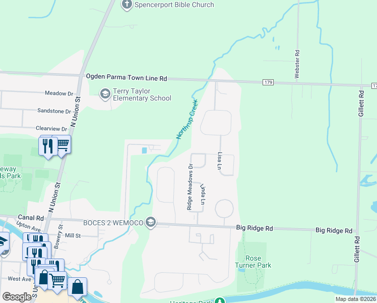 map of restaurants, bars, coffee shops, grocery stores, and more near 42 Ridge Meadows Drive in Spencerport