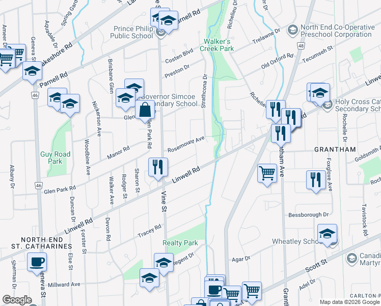 map of restaurants, bars, coffee shops, grocery stores, and more near in St. Catharines