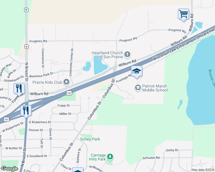 map of restaurants, bars, coffee shops, grocery stores, and more near 2000 Columbus Street in Sun Prairie