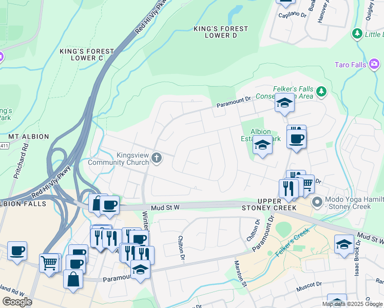 map of restaurants, bars, coffee shops, grocery stores, and more near 20 Ainsworth Street in Hamilton