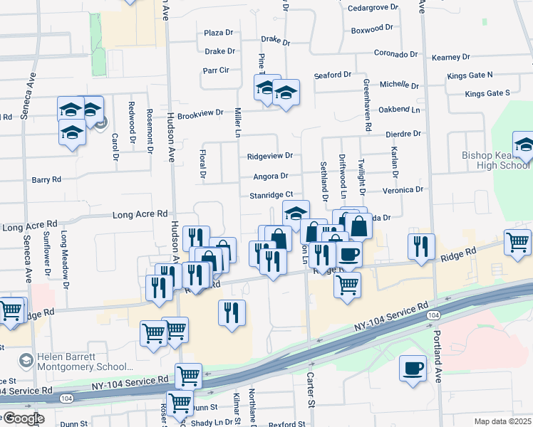 map of restaurants, bars, coffee shops, grocery stores, and more near 105 Kalyna Drive in Rochester