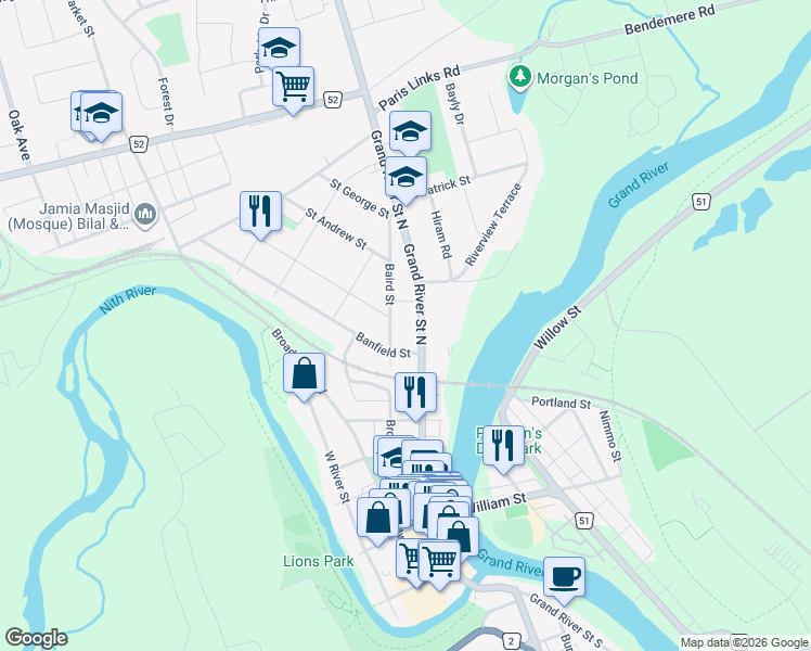 map of restaurants, bars, coffee shops, grocery stores, and more near 197 Highway 24A in Brant