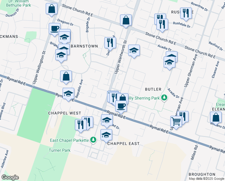 map of restaurants, bars, coffee shops, grocery stores, and more near 64 Elite Drive in Hamilton