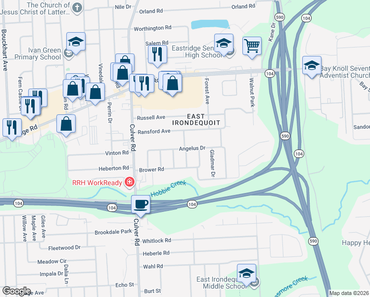 map of restaurants, bars, coffee shops, grocery stores, and more near 163 Angelus Drive in Rochester
