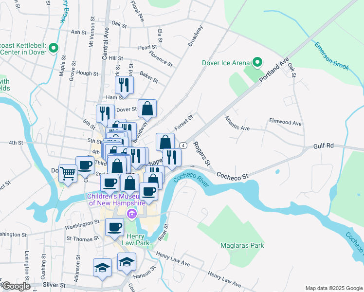 map of restaurants, bars, coffee shops, grocery stores, and more near 2 Essex Street in Dover