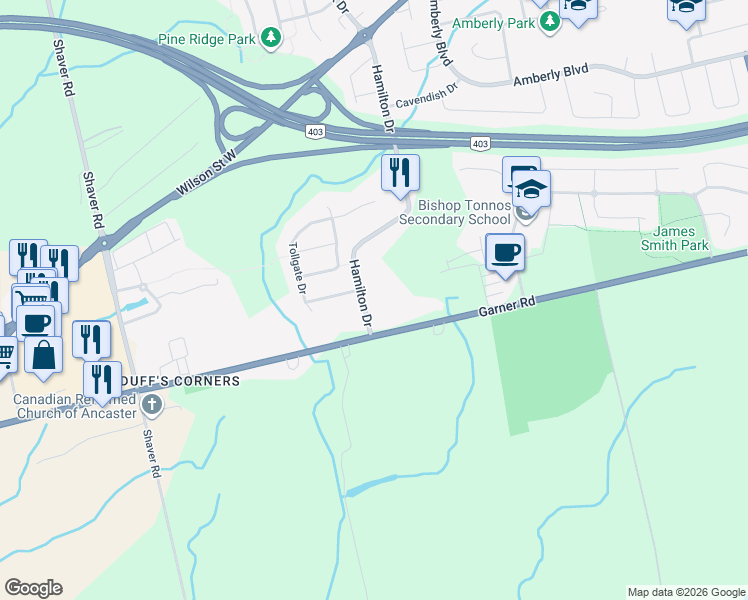 map of restaurants, bars, coffee shops, grocery stores, and more near 505 Hamilton Drive in Hamilton