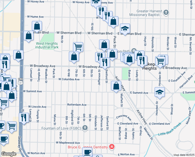 map of restaurants, bars, coffee shops, grocery stores, and more near 2837 Jefferson Street in Muskegon Heights