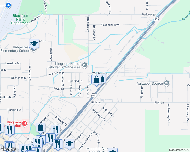 map of restaurants, bars, coffee shops, grocery stores, and more near 80 Wooten Way in Blackfoot