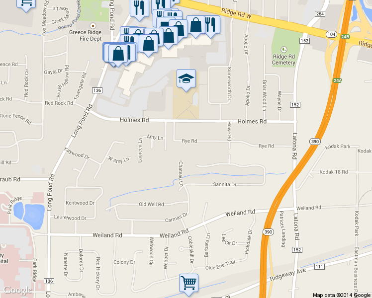 map of restaurants, bars, coffee shops, grocery stores, and more near 301 Rye Road in Rochester